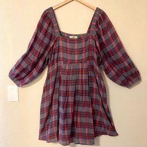 Natural Life Cottagecore Puff Sleeve Plaid Flannel Mini Dress